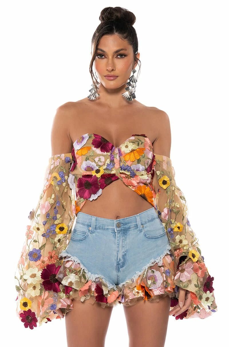 BOTANICAL BEAUTY CROPPED SHEER SLEEVE TOP - Image 2