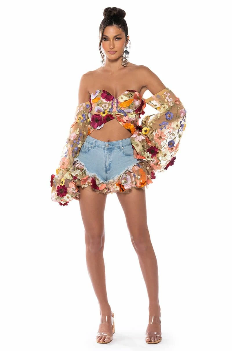 BOTANICAL BEAUTY RUFFLE DENIM SHORTS - Image 4