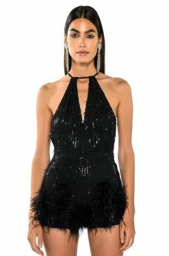 CAT'S MEOW SEQUIN FRINGE FEATHER TRIM ROMPER