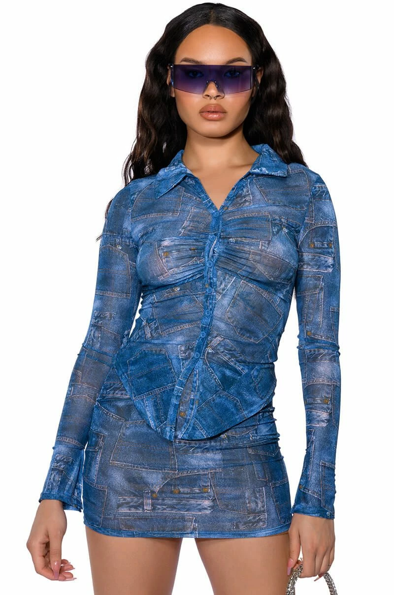 DIFFERENT THAN YOU DENIM PRINT MESH MINI SKIRT - Image 3