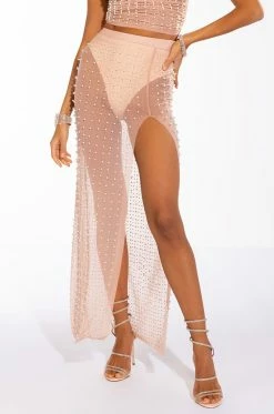 DISCO DOLL EMBELLISHED HIGH SLIT MESH MAXI SKIRT