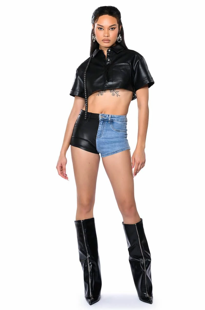 FLEX FIT EXTREME STRETCH FAUX LEATHER AND DENIM SHORTS - Image 4