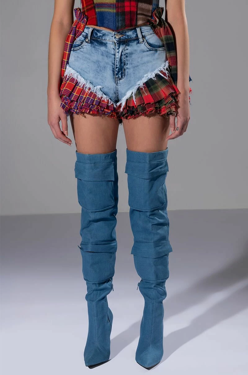 MODERN PUNK PLAID RUFFLE DENIM SHORT 3 MODERN PUNK PLAID RUFFLE DENIM SHORT