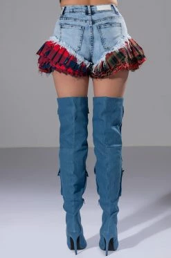 MODERN PUNK PLAID RUFFLE DENIM SHORT 20 MODERN PUNK PLAID RUFFLE DENIM SHORT -HORSE GIRL Shop modern punk plaid ruffle denim short light blue denim 9 9