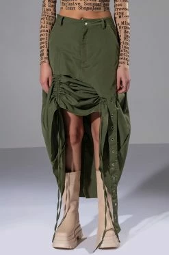 ON THE GO CINCHED OLIVE MIDI SKIRT