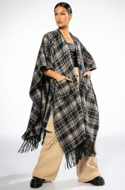 PLAID PU FRINGE PONCHO