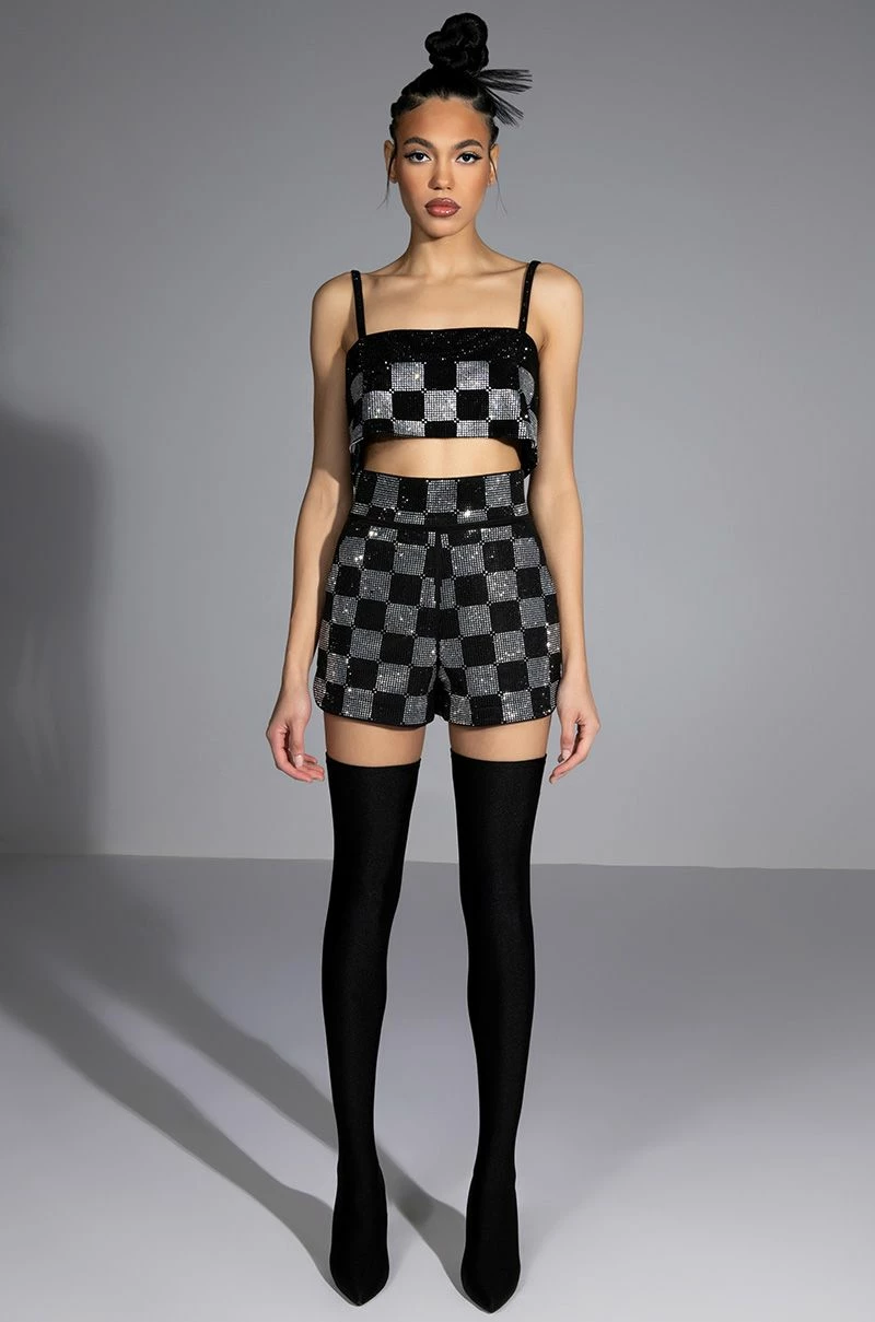 POP STAR CHECKERED RHINESTONE SHORT