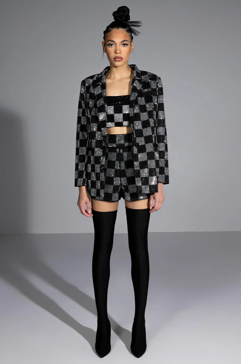 POP STAR CHECKERED RHINESTONE SHORT - Image 2