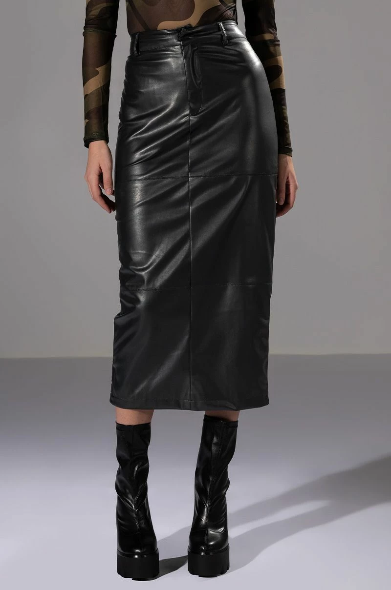 REAL TALK FAUX LEATHER MIDI SKIRT