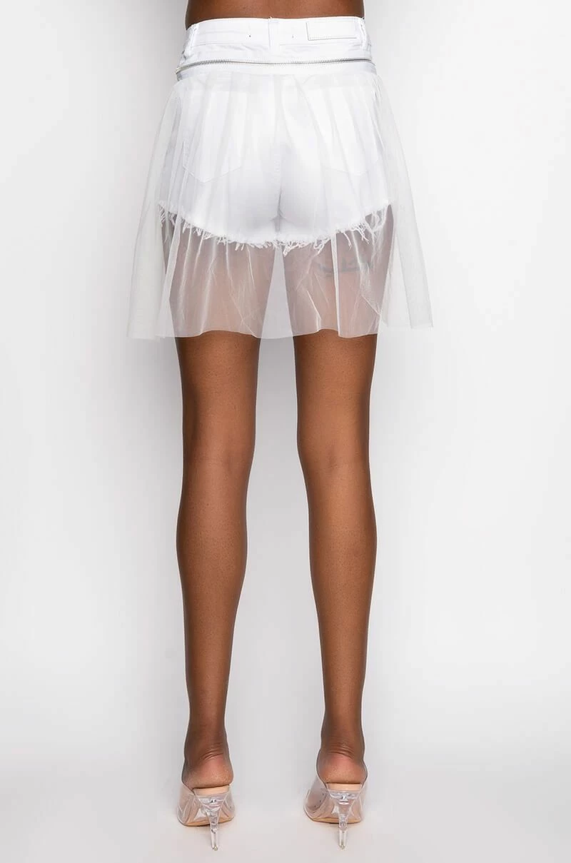 SHADOW TULLE DETAIL ZIPPER DENIM SHORT - Image 3