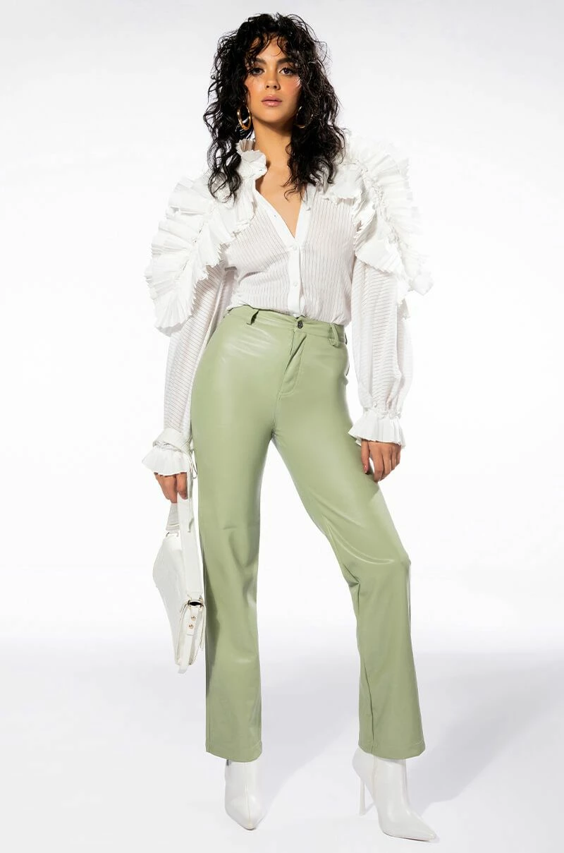 TE QUIERO HIGH RISE VEGAN LEATHER STRAIGHT LEG PANTS IN MINT - Image 2