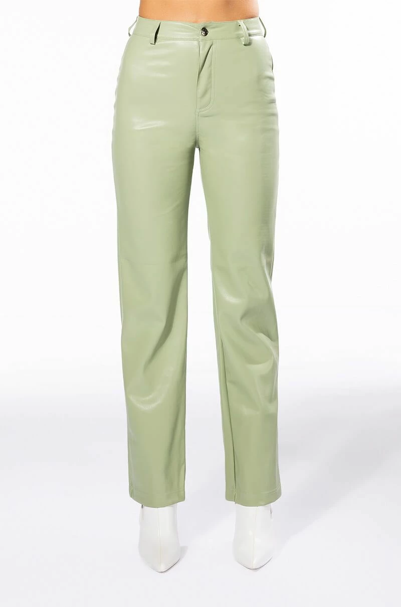 TE QUIERO HIGH RISE VEGAN LEATHER STRAIGHT LEG PANTS IN MINT - Image 3