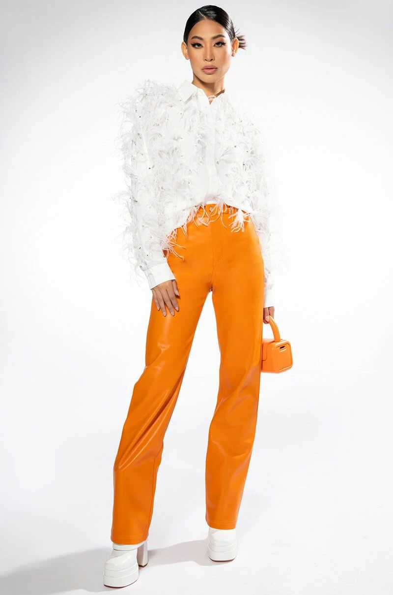 TE QUIERO HIGH RISE VEGAN LEATHER STRAIGHT LEG PANTS IN ORANGE - Image 4