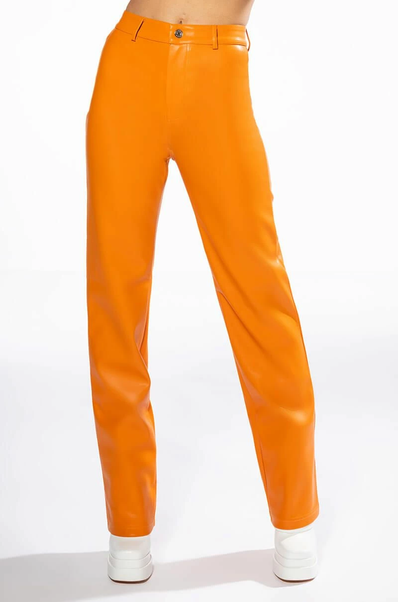 TE QUIERO HIGH RISE VEGAN LEATHER STRAIGHT LEG PANTS IN ORANGE - Image 5
