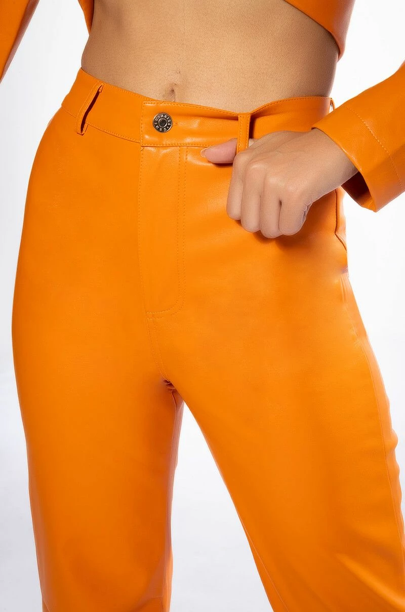 TE QUIERO HIGH RISE VEGAN LEATHER STRAIGHT LEG PANTS IN ORANGE - Image 8