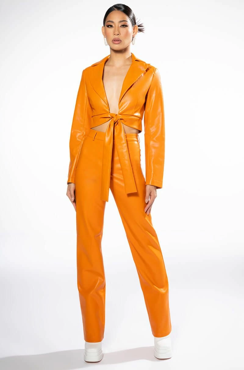 TE QUIERO HIGH RISE VEGAN LEATHER STRAIGHT LEG PANTS IN ORANGE - Image 9