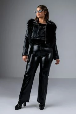 TE-QUIERO HIGH RISE VEGAN LEATHER WIDE LEG PANT WITH 4 WAY STRETCH